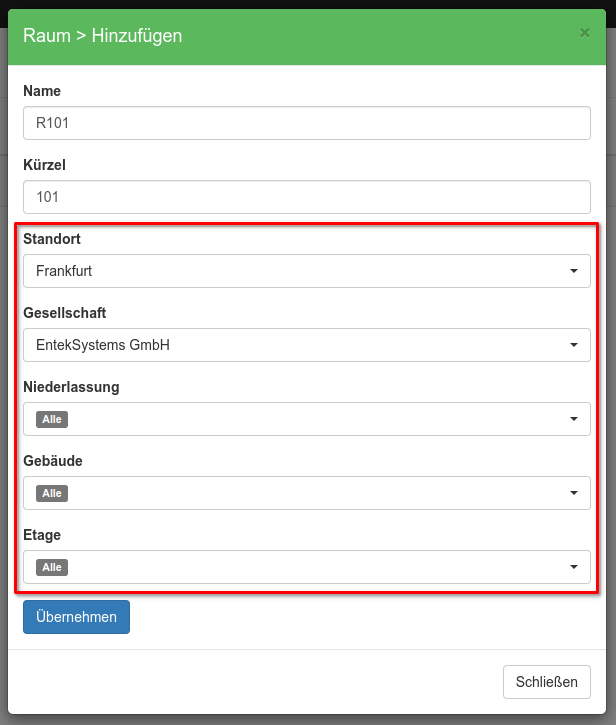 Anlage & Zuweisung eines Raumes
