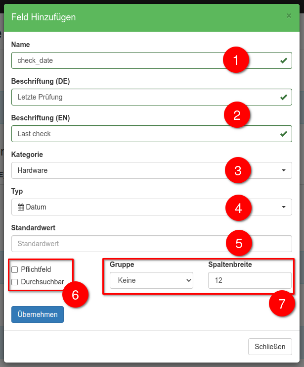 Einstellungen des Custom Fields