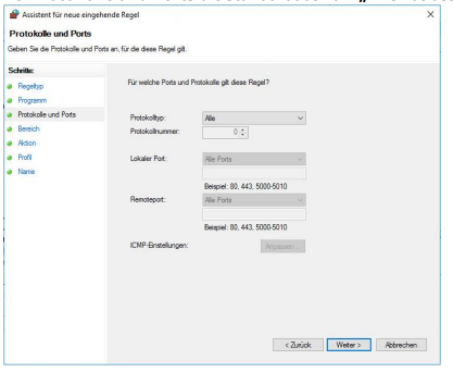 Protokolle und Ports für neue Regel definieren