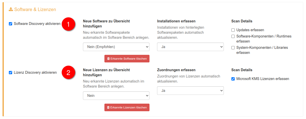 Einstellungsoptionen für Software & Lizenzen