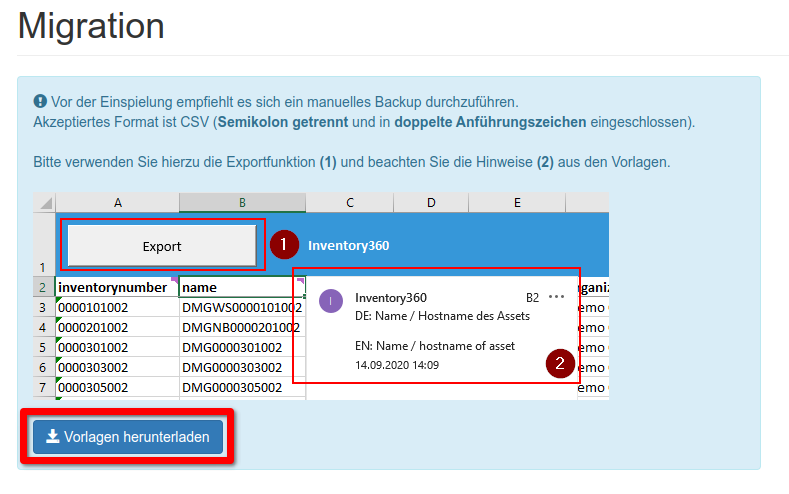 Herunterladen der Migrationsvorlagen