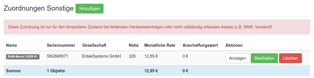 Zuordnung sonstiger Gegenstände