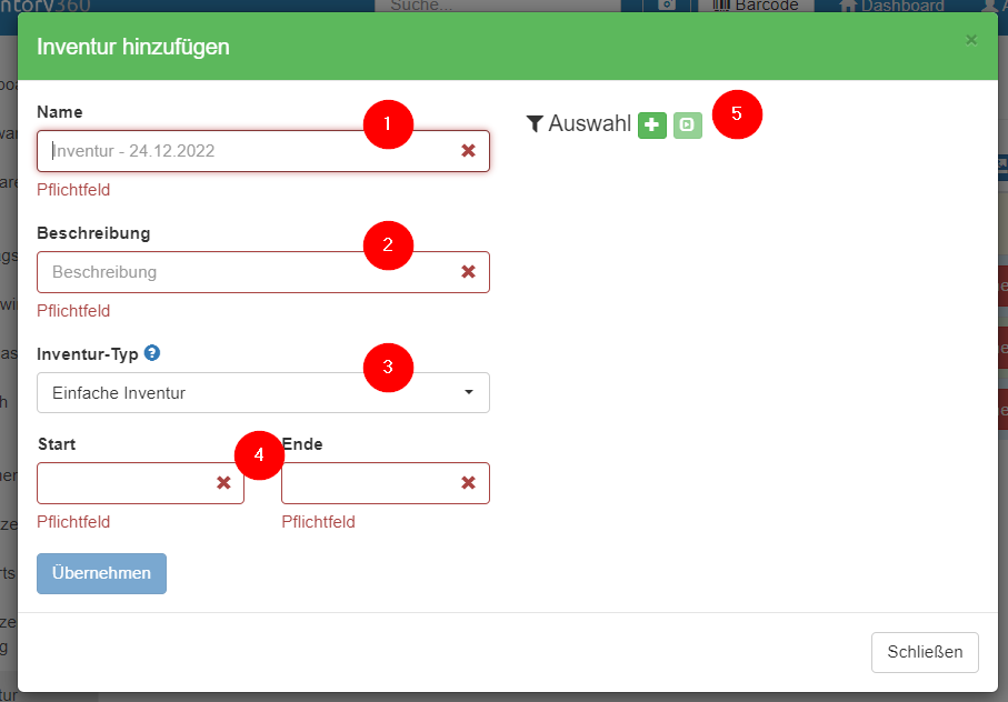 Erstellungsdialog für die Inventur