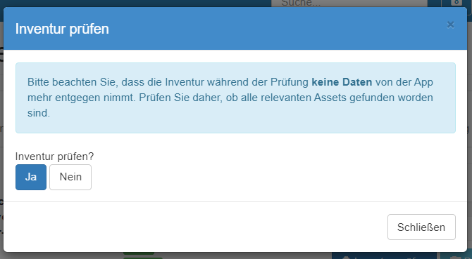 Bestätigung zwecks nächstem Schritt "Inventur-Prüfung"