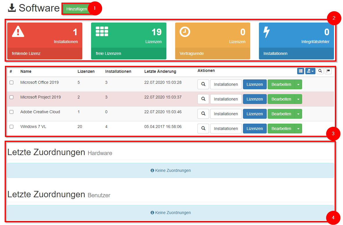 Aufbau - Software & Lizenzen Dashboard