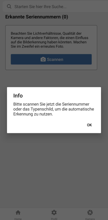 Hinweis für Scan der Seriennummer/Typenschild