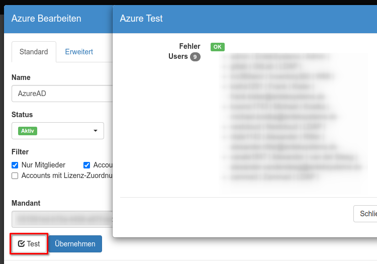 Testergebnisse Azure AD Abfrage