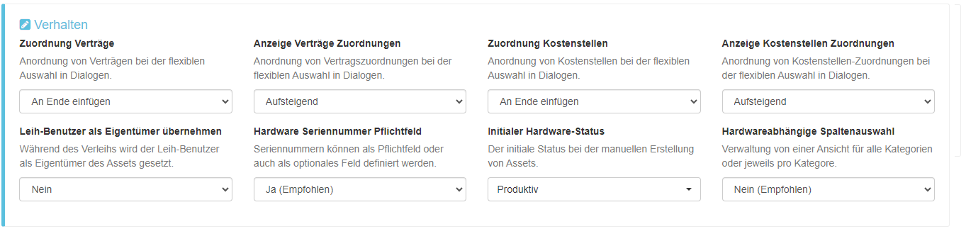 Einstellungsoptionen - Verhalten