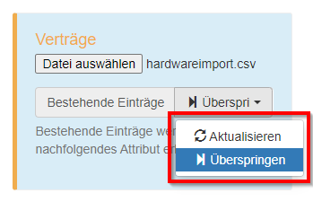 Auswahl zwischen Aktualisierung und Import der Daten