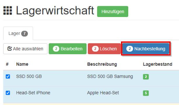Nachbestellung für mehrere Lagerartikeln
