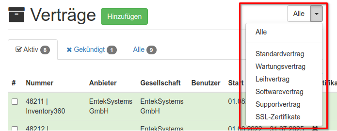 Filterung nach Vertragstyp im Agentenbereich