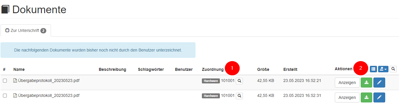 Übersicht über Dokumente ohne Unterschrift