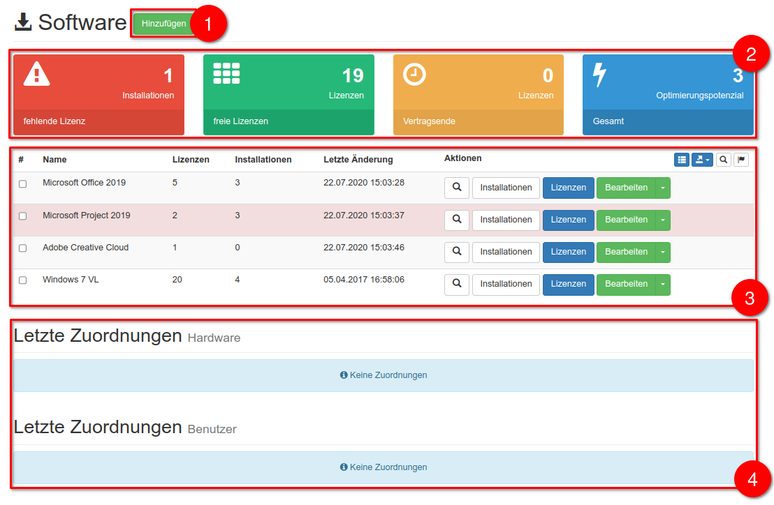 Aufbau - Software & Lizenzen Dashboard