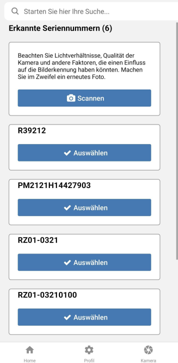 Auswahl der Serienummer/Typenschild