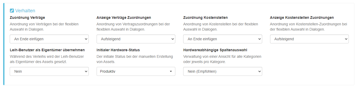 Einstellungsoptionen - Verhalten