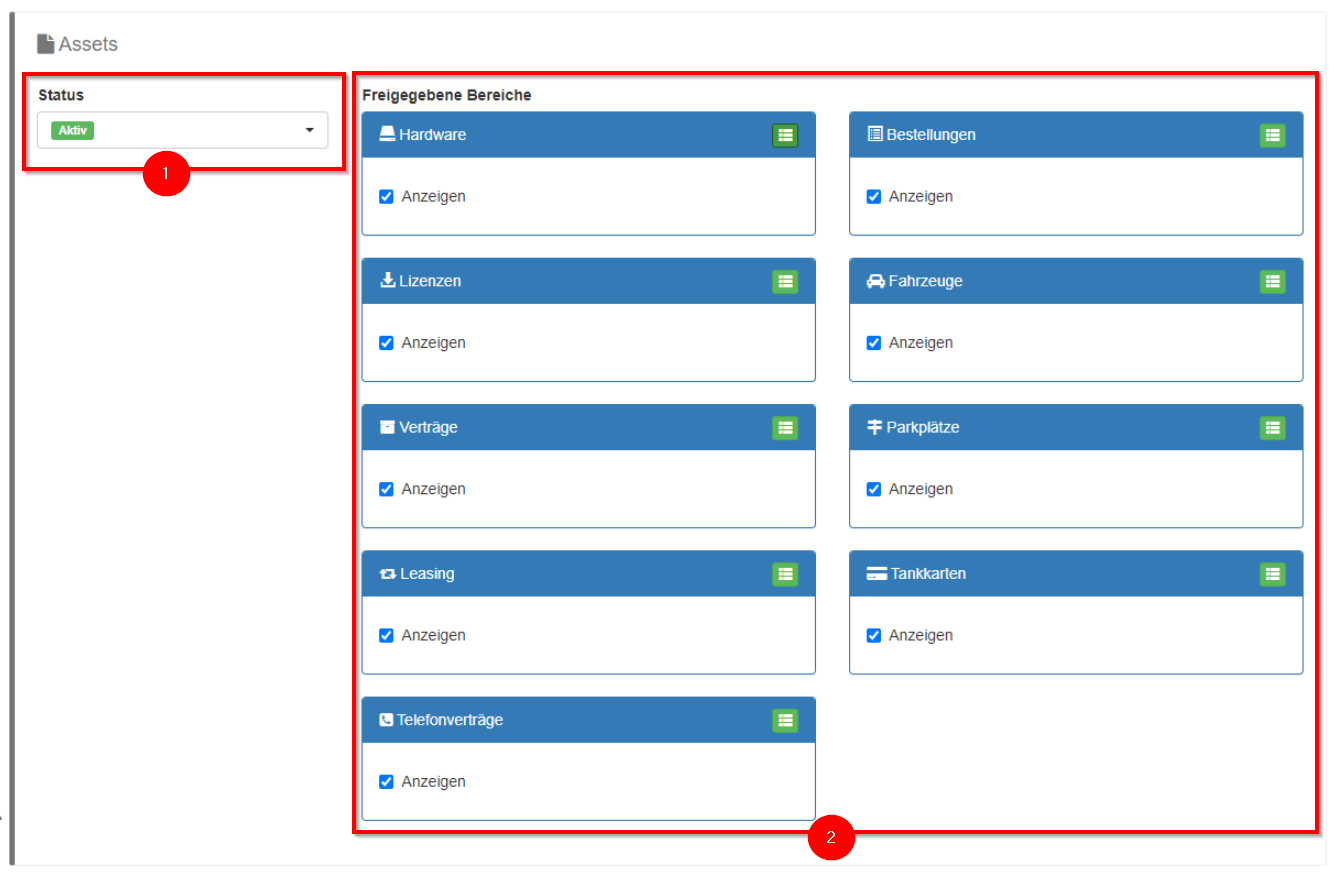 Einstellungen zu Assets