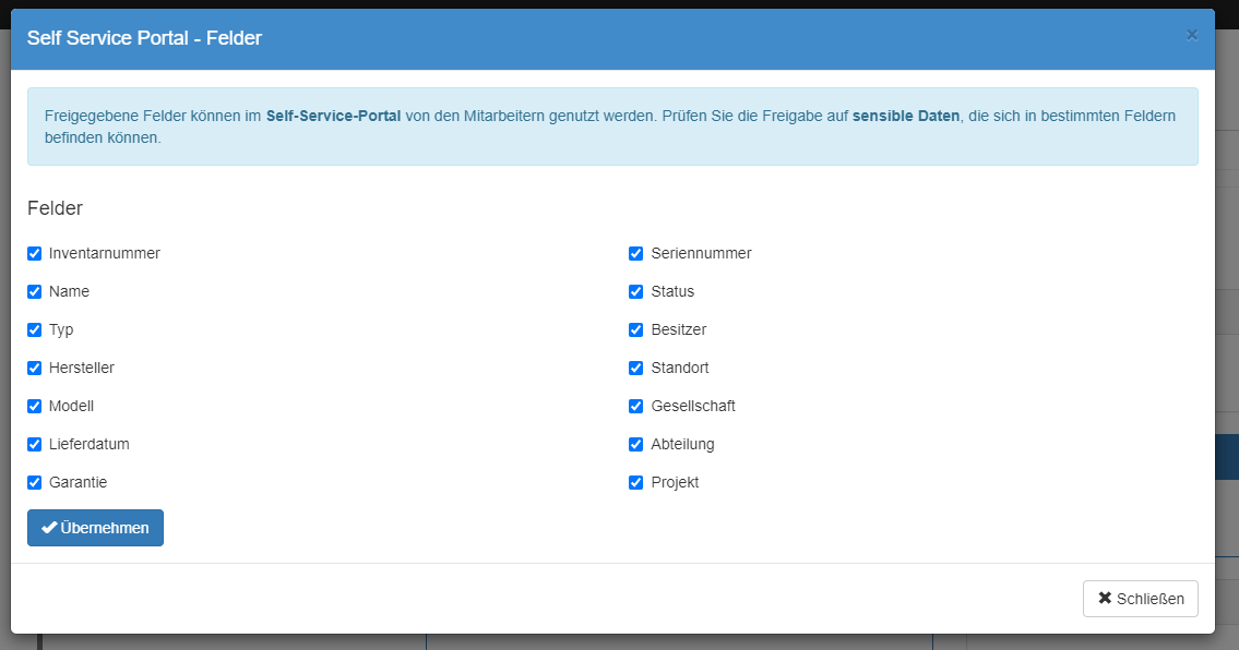 Definition der angezeigten Felder für die eigenen Mitarbeiter