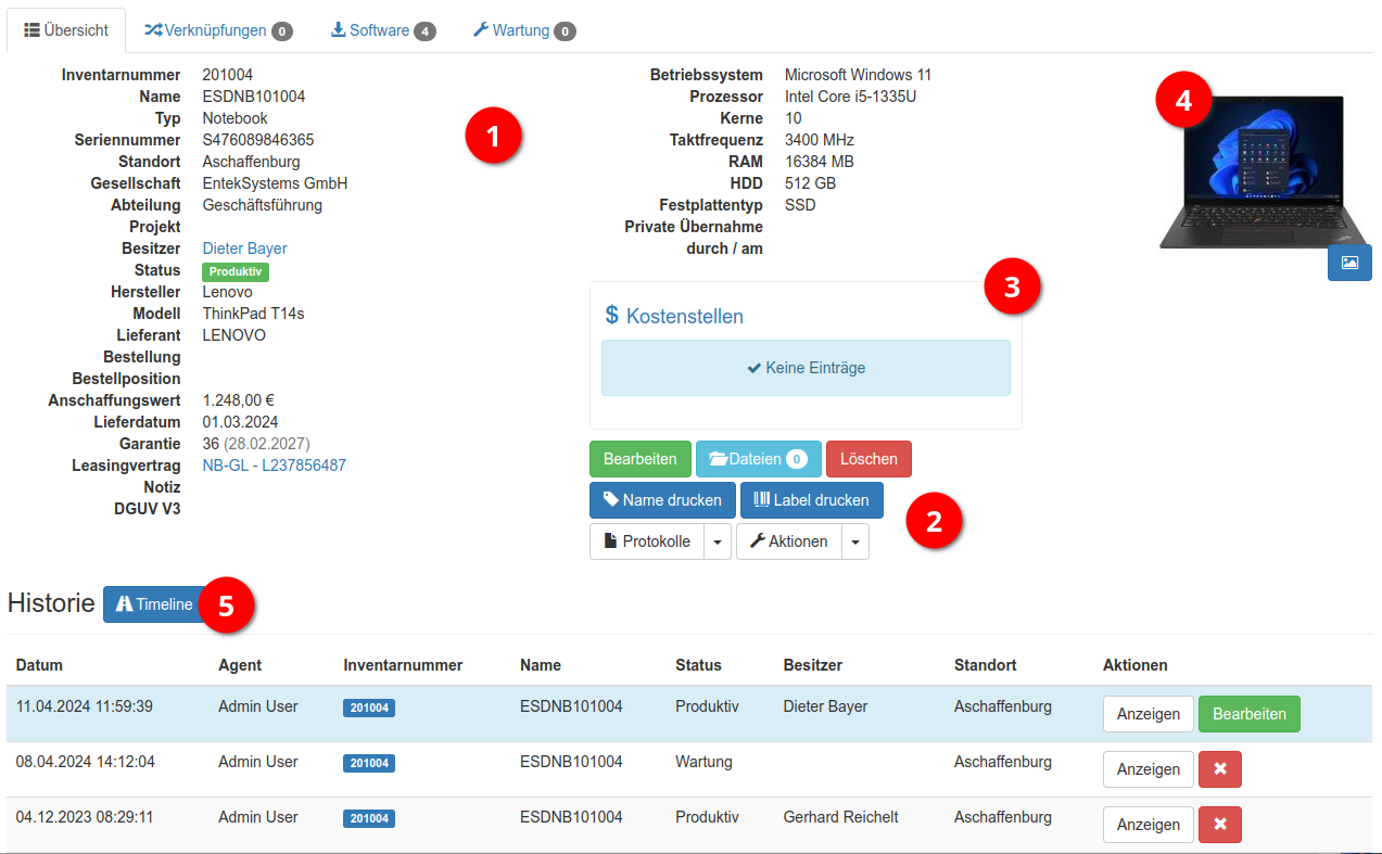 Übersicht der Asset Informationen