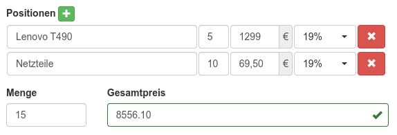 Angabe von Einzelpositionen in einer Bestellung