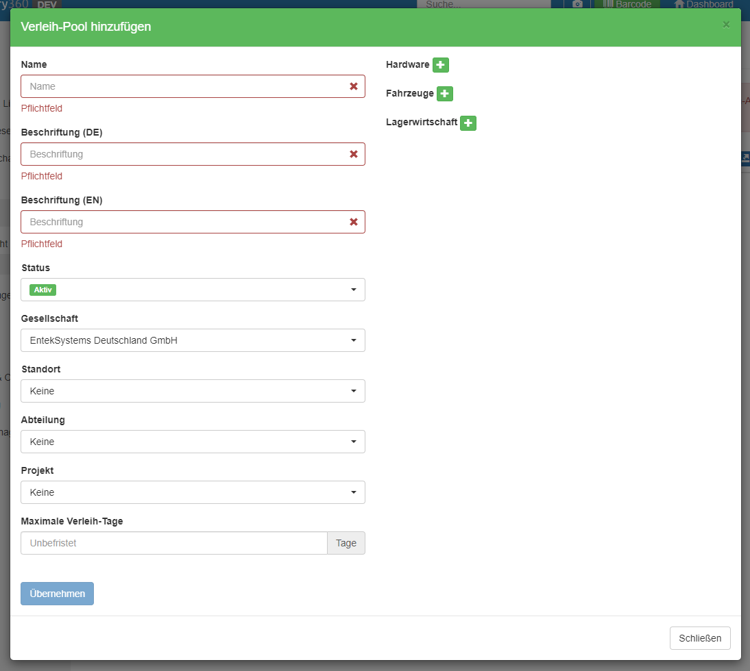 Dialog für das Hinzufügen eines Verleih-Pools