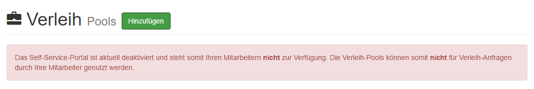 Warnhinweis zwecks deaktivierem Self-Service-Portal