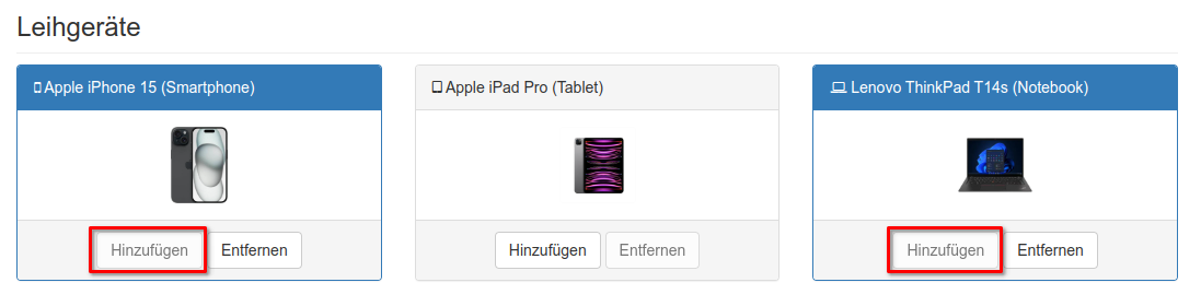 Auswahl von Assets für die Verleih-Anfrage