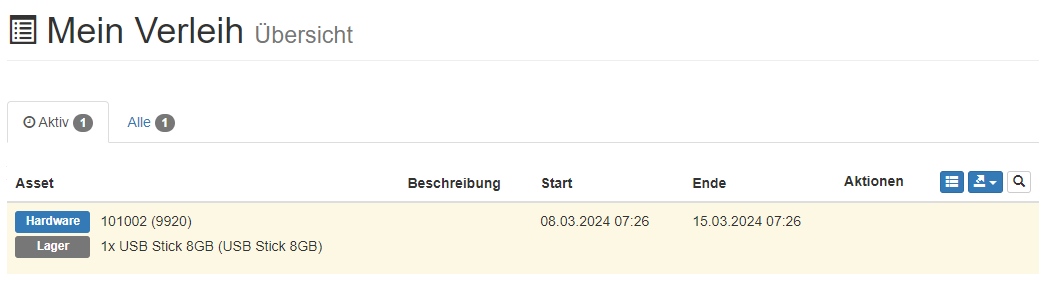 Aktiver Verleih mit selektierten Assets