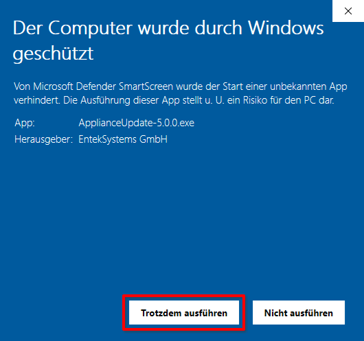 Warnhinweis beim Ausführen der Update-Datei