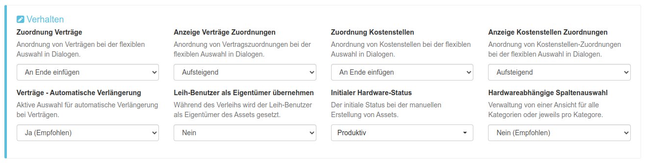 Einstellungsoptionen - Verhalten