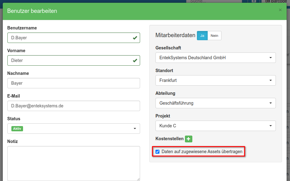 Übertragung an zugewiesene Assets