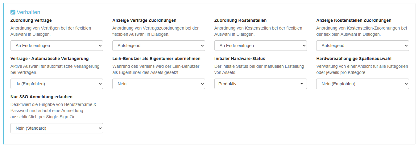 Einstellungsoptionen - Verhalten