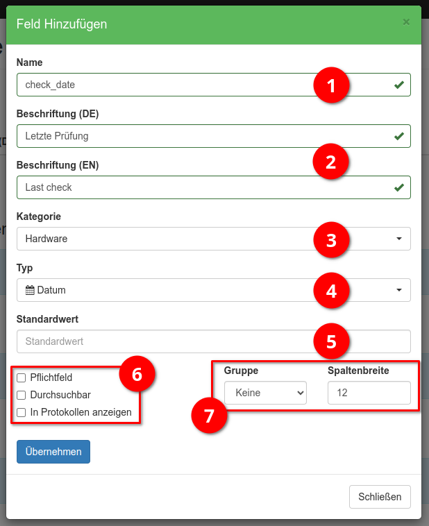 Einstellungen des Custom Fields