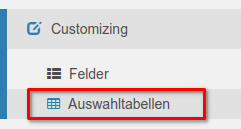Einstellungsbereich - Auswahltabellen