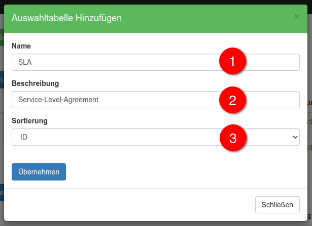 Einstellungen der Auswahltabelle
