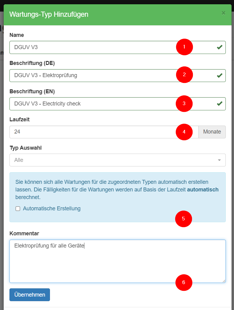 Wartungs-Typ hinzufügen
