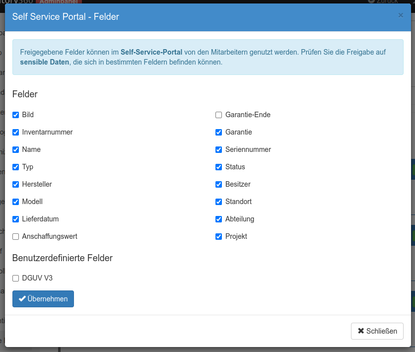 Definition der angezeigten Felder für die eigenen Mitarbeiter
