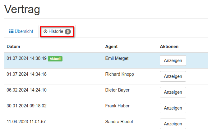 Auflistung der Historie von Verträgen