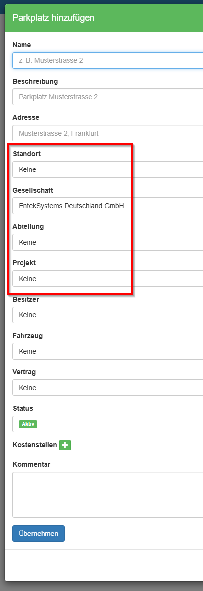 Stammdaten bei Parkplätzen