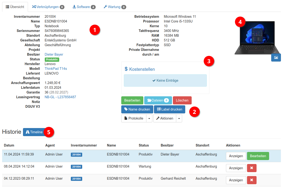 Übersicht der Asset Informationen