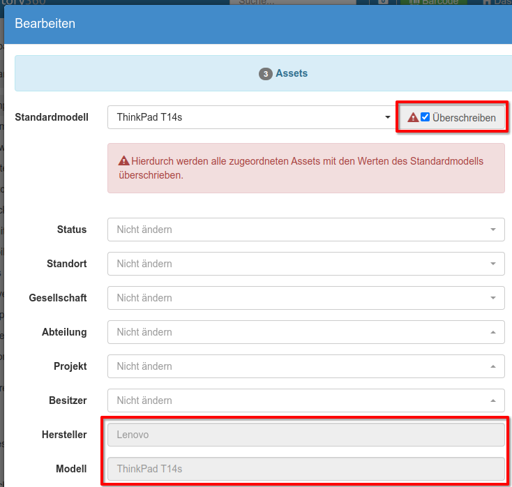 Überschreiben aller Attribute mit denen des Standardmodells