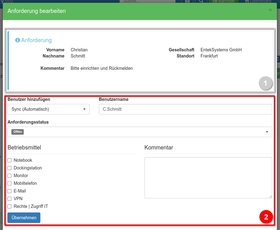 Aufbau / Ansicht einer Betriebsmittelanforderung