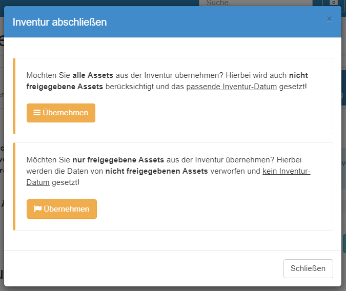 Bestätigung und Abschluss-Optionen für die Inventur