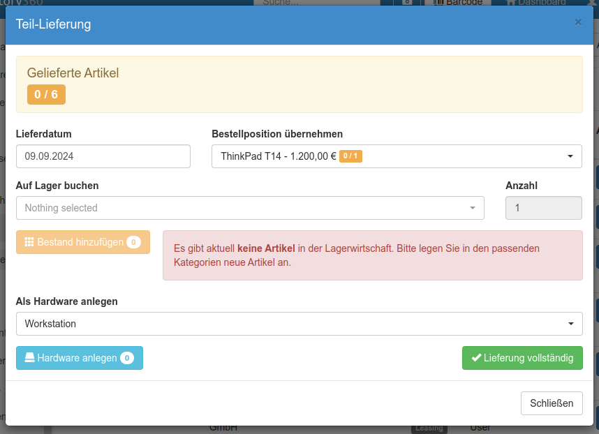 Hinweismeldung bei fehlenden Lagerartikeln
