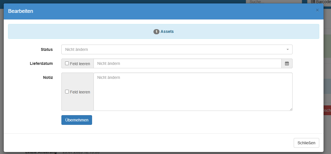 Massenbearbeitungsdialog für ausgewählte Hardware