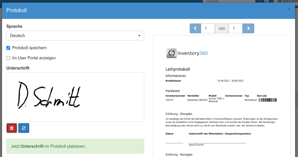 Leihprotokoll unterzeichnen