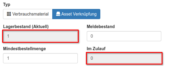 Deaktivierte Eingabe der Lagerbestände und Zulauf-Mengen