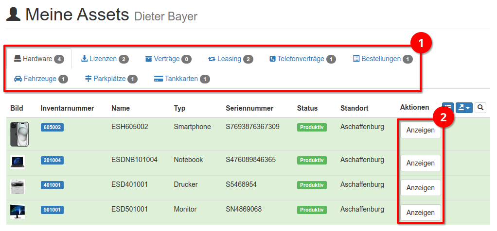 Übersicht der zugeordneten Assets