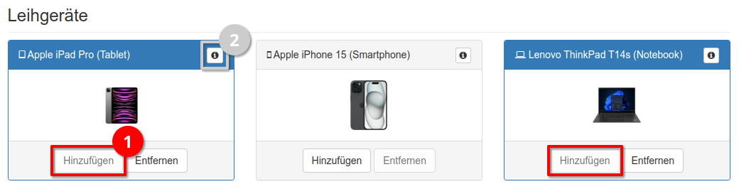 Auswahl von Assets für die Verleih-Anfrage