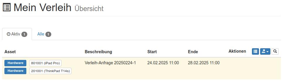 Aktiver Verleih mit selektierten Assets