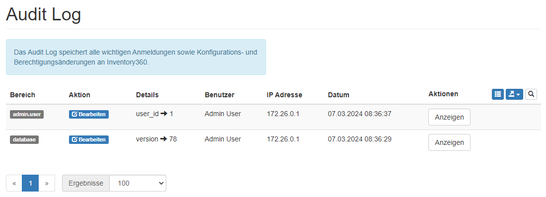 Audit Log Übersicht